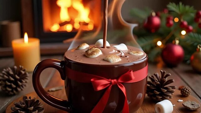 Pouring hot chocolate into mug with marshmallows near fireplace and christmas decorations
