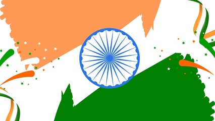 An artistic illustration of the Indian flag with vibrant watercolor brush strokes and festive confetti for national day celebrations.