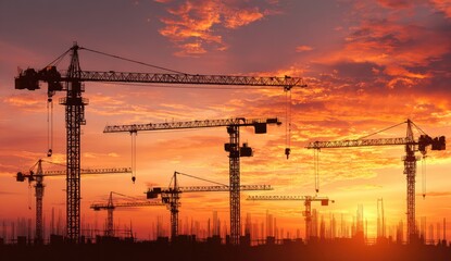 Silhouette cranes at sunset over construction site (1)