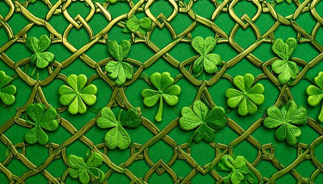 Green shamrocks on a gold grid pattern