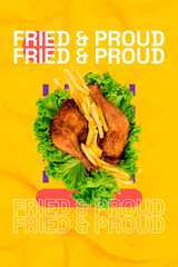 Sketch image 3d pop banner collage of chicken crispy leg french fries nutrition carbs grilled potato lettuce leave lunch meal
