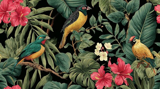 A vibrant tropical pattern featuring birds hibiscus flowers and lush green foliage on a dark background