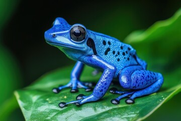 Bright blue poison dart frog on leaf