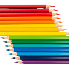 Fototapeta premium Rainbow colored pencils arranged in a neat row isolated on transparent background