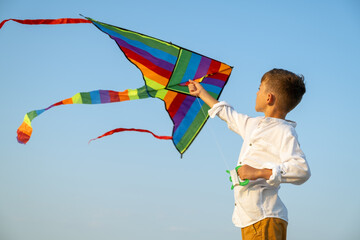 Boy flying long-tailed kite near water, engaging with nature through play, color and light fill scene with cheerful beach vibes, wind lifting kite and spirits under open summer sky.
