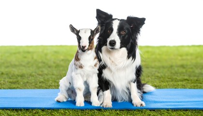 Fototapeta premium A goat kid and border collie sit on a mat