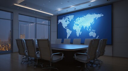Modern conference room with a glowing world map display, night city skyline view