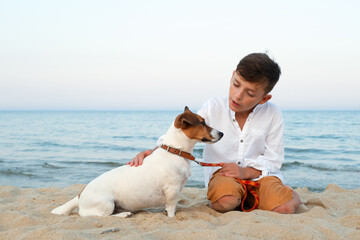 Cute dog Jack Russell terrier with boy on beach, gentle eye contact shows trust and love, sand...
