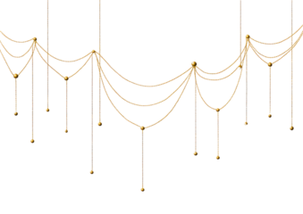 Ornate golden chains cascading in a decorative pattern.  A black background highlights the luxurious texture and hanging design