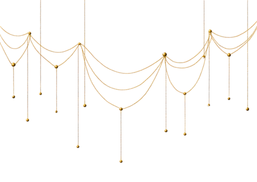 Ornate golden chains cascading in a decorative pattern.  A black background highlights the luxurious texture and hanging design