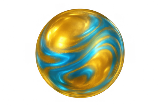 Abstract sphere with swirling gold and blue metallic texture isolated on transparent background, perfect for digital art and design projects