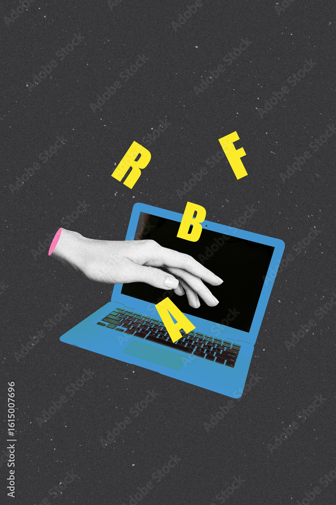 Poster trend artwork banner sketch 3d photo collage of copyspace hand touch laptop letters online netbook r