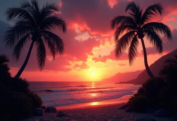 Fototapeta na wymiar tropical palm leaves silhouette vibrant sunset colors dramatic sky emotionality nature paradise, landscape, tranquility, outdoors, scene, exotic, shadows