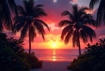 Obraz premium tropical palm leaves silhouetted stunning sunset backdrop exotic nature horizon, sky, flora, foliage, golden, orange, beauty, coast, beach, scenic, ocean