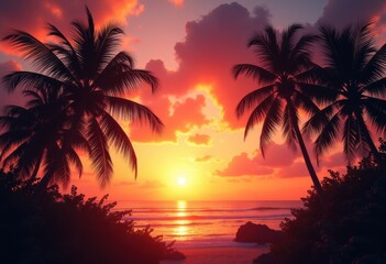 tropical palm silhouettes vibrant sunset sky colors dramatic contrast nature, landscape, reflection, vista, clouds, glow, peaceful, tranquil, exotic, scenic