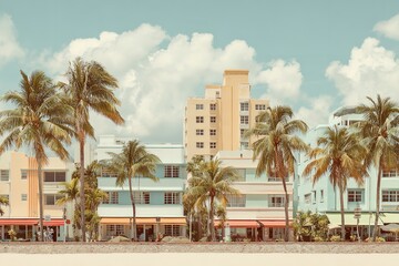 Fototapeta premium Coastal buildings with palm trees under a cloudy sky in a vintage color grading style photograph