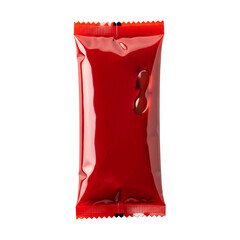 Red plastic food pouch packaging with a glossy finish isolated on transparent background