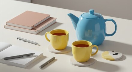 Fototapeta premium Colorful Teapot and Cups on a Minimalist Table with Stationery
