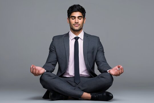 Businessman meditating in gray suit, Young professional seated in lotus pose, Office mindfulness and mental clarity concept