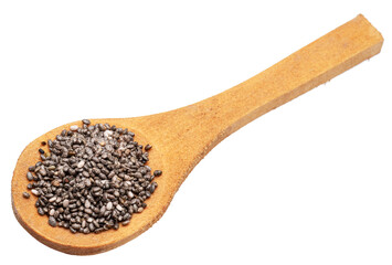 Chia seeds in wooden spoon isolated on white background. File contains clipping path.