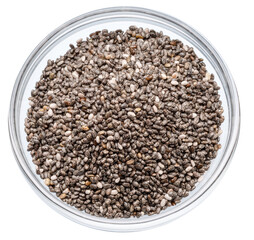 Heap of chia seeds glass bowl on white background. File contains clipping path. Top view.