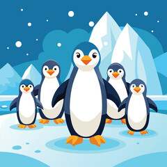 Obraz premium Cute Cartoon Penguins in Antarctica with Icebergs and Snowflakes Illustration for Children