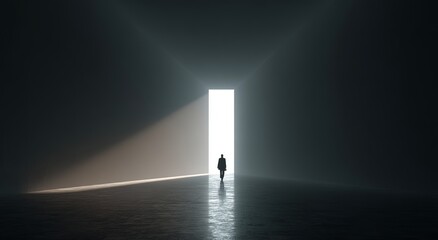 3D render of a businessman walking towards a bright light at the end of a long, dark corridor. This concept represents business success and the idea of a heavenly afterlife or life after death. The ab