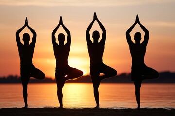 Group yoga at beach sunset, Tree pose silhouettes aligned, Balance and connection in wellness retreat