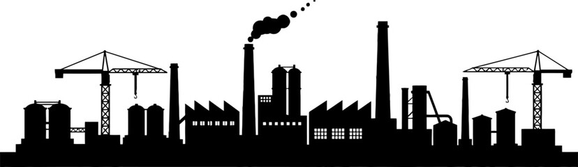 Fototapeta premium Black Industrial Cityscape Silhouette with Factory Buildings and Cranes