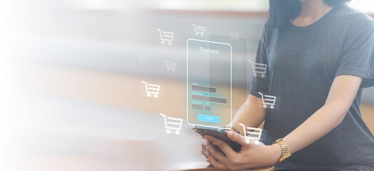 Woman using smartphone online payment and shopping online, online banking technology, purchases, digital marketing, bank, banking applications, Financial transaction and global business online.