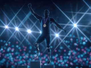 Obraz premium Athlete with prosthetic legs celebrates victory on podium, wearing medal, surrounded by bright lights and cheering crowd, symbolizing triumph and determination in sports