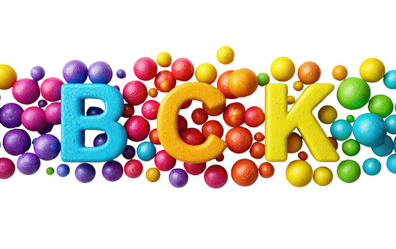 Colorful 3D letters "BCK" surrounded by a multitude of vibrant, rounded, multicolored spheres