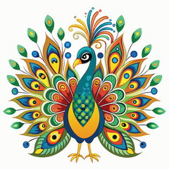 Vibrant Peacock Illustration with Intricate Feather Details and Bold Colors on a White Background