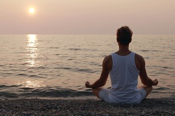 Man meditating on beach at sunrise, Calm sea and early light, Tranquil moment of mindfulness and peace