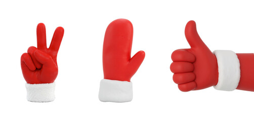 Obraz premium Set of 3D Christmas hand gestures in red mitten, thumbs up, png, isolated background. Cartoon design element for Christmas and New Year holidays.