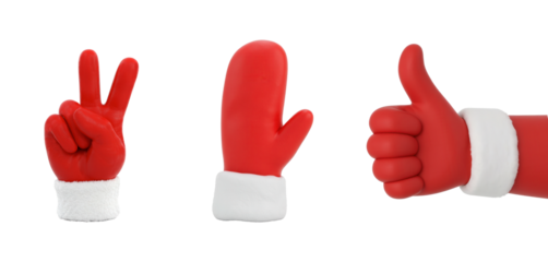 Set of 3D Christmas hand gestures in red mitten, thumbs up, png, isolated background. Cartoon design element for Christmas and New Year holidays.