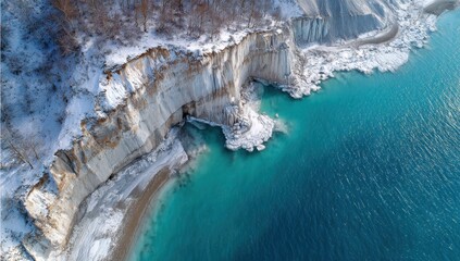 Snowy cliffs meet turquoise sea. High-angle view of white cliffs, dusted with snow, meeting a vibrant turquoise sea.  A cave-like opening is visible