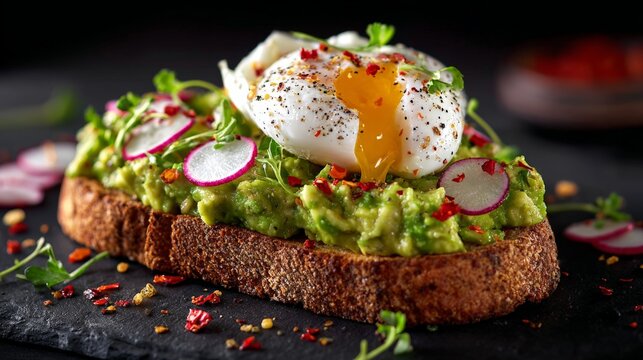Gourmet avocado toast with poached egg and radish on rustic bread