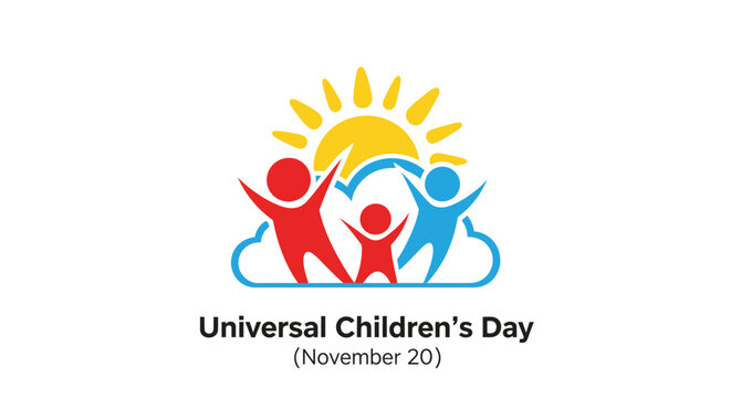 A vibrant logo for Universal Children's Day on November 20, showing joyful figures on a cloud under a bright sun.