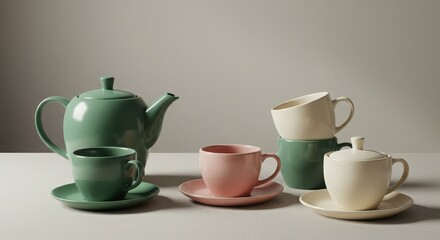 Fototapeta premium Elegant Teapot and Cups Arrangement in Soft Pastel Colors