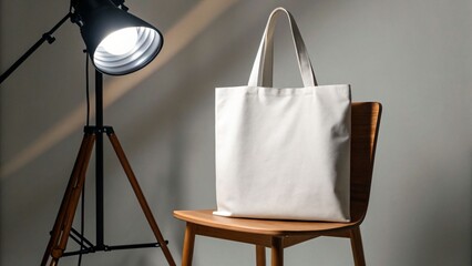 Elegant White Tote Bag Display on Wooden Chair with Studio Lighting Creates Modern Minimalist Mockup Design