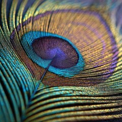 Obraz premium Macro view of a peacock feather revealing intricate, iridescent details and vibrant colors