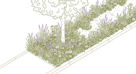 Landscaping border with tree, flowers, and ornamental grass