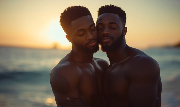 Black interracial gay male couple cuddling on the beach during a vacation, symbolizing love, affection, and inclusivity in the LGBTQ+ community, Generative AI - Powered by Adobe
