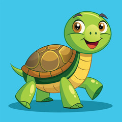 Obraz premium Happy Cartoon Turtle Walking on a Blue Background Perfect for Children s Illustrations and Designs