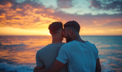 Black interracial gay male couple cuddling on the beach during a vacation, symbolizing love, affection, and inclusivity in the LGBTQ+ community, Generative AI
