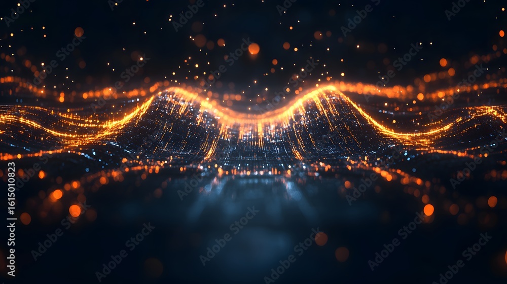 Poster abstract design of glowing particles forming undulating waves.