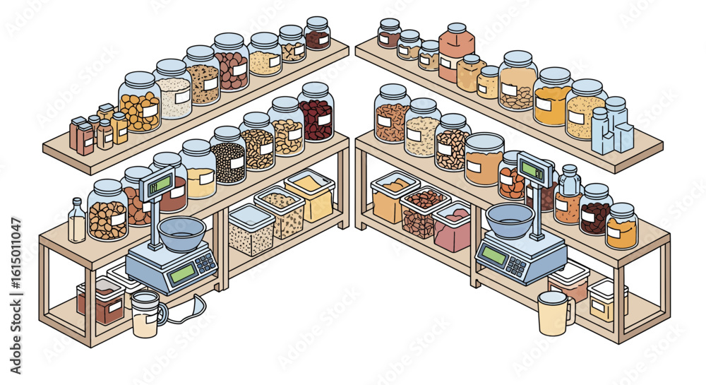 Poster bulk food store display with jars and scales