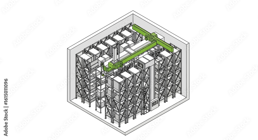 Poster warehouse storage system with crane and racking
