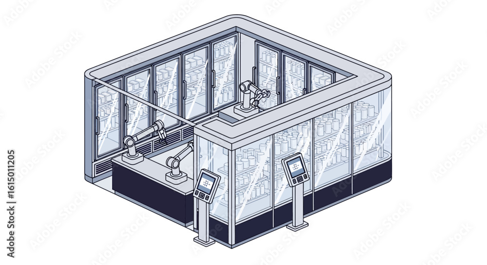 Poster Automated warehouse robotics system with shelves and controls
